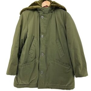VTG 1950s Parka Bomber Military Green Quilted Full Zip Fur Hood M Throat Latch